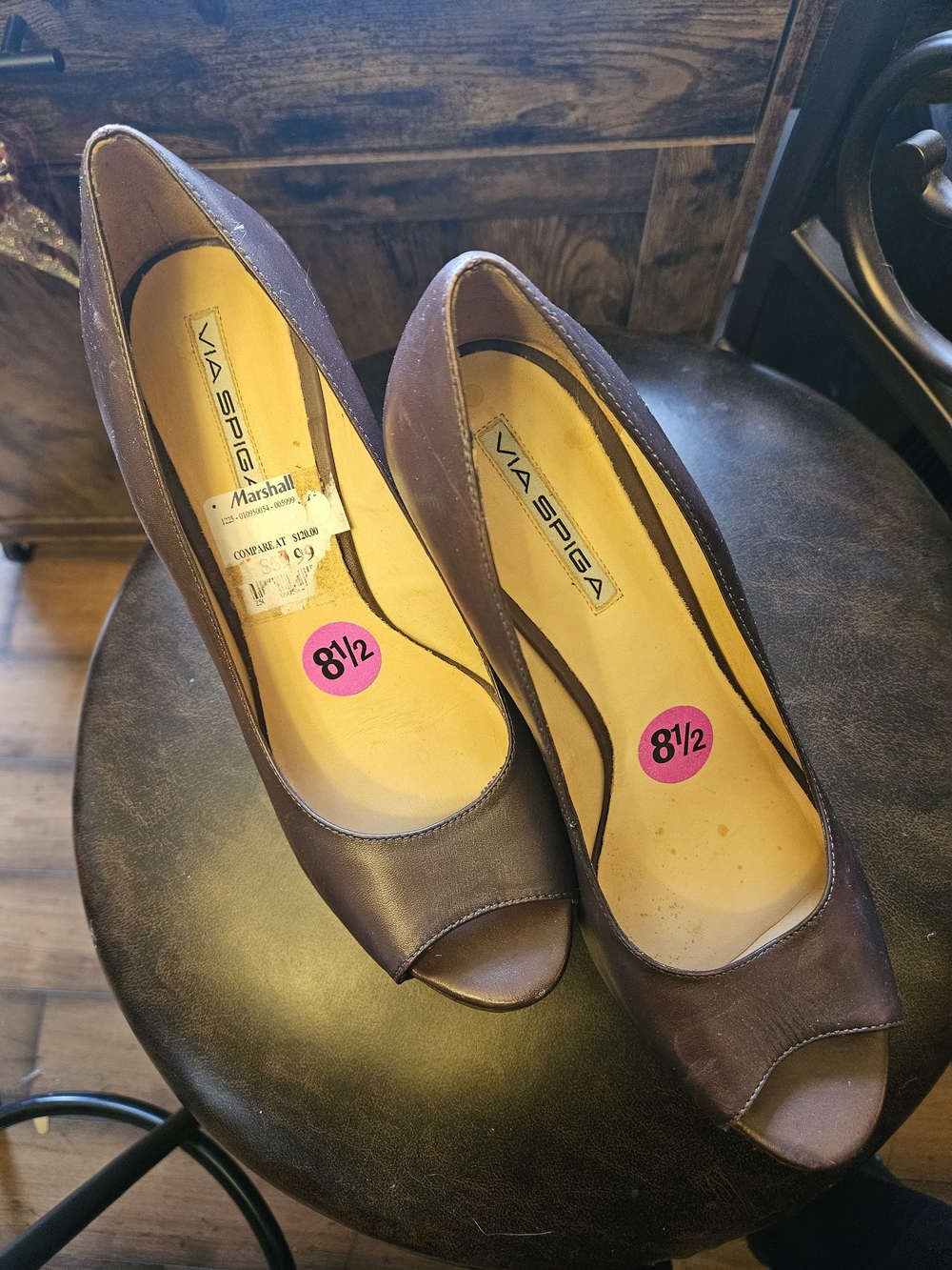Leather Via Spiga Women's Brown Peep-Toe Heels 8.5